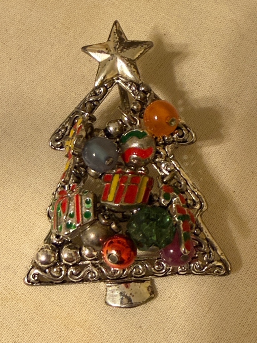Silver-Tone Festive Christmas Tree Brooch with Multicolor Ornaments